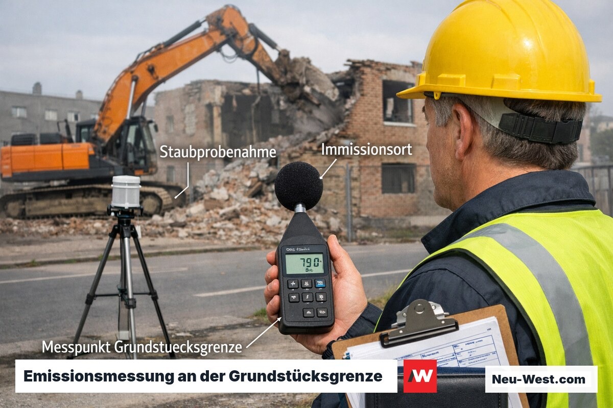 Baurechts-Inspektor misst Schallpegel und Staubimmission an der Grundstücksgrenze neben aktiver Abbruchbaustelle