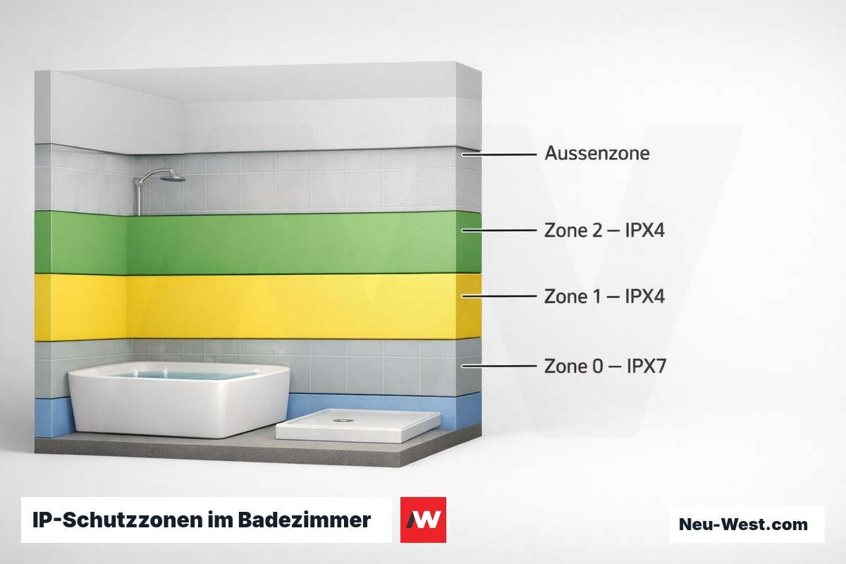 IP-Schutzzonen im Badezimmer nach DIN VDE 0100-701 – Erklär-Grafik (NEUWEST Berlin)