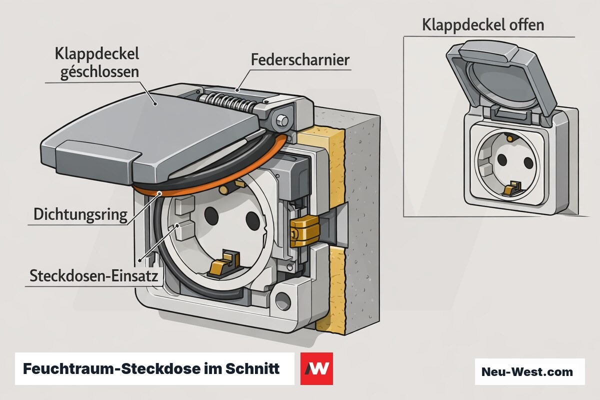 Schnittzeichnung einer Feuchtraum-Steckdose mit geschlossenem Klappdeckel, Dichtungsring und Federscharnier als Schutz-Detailpunkte.