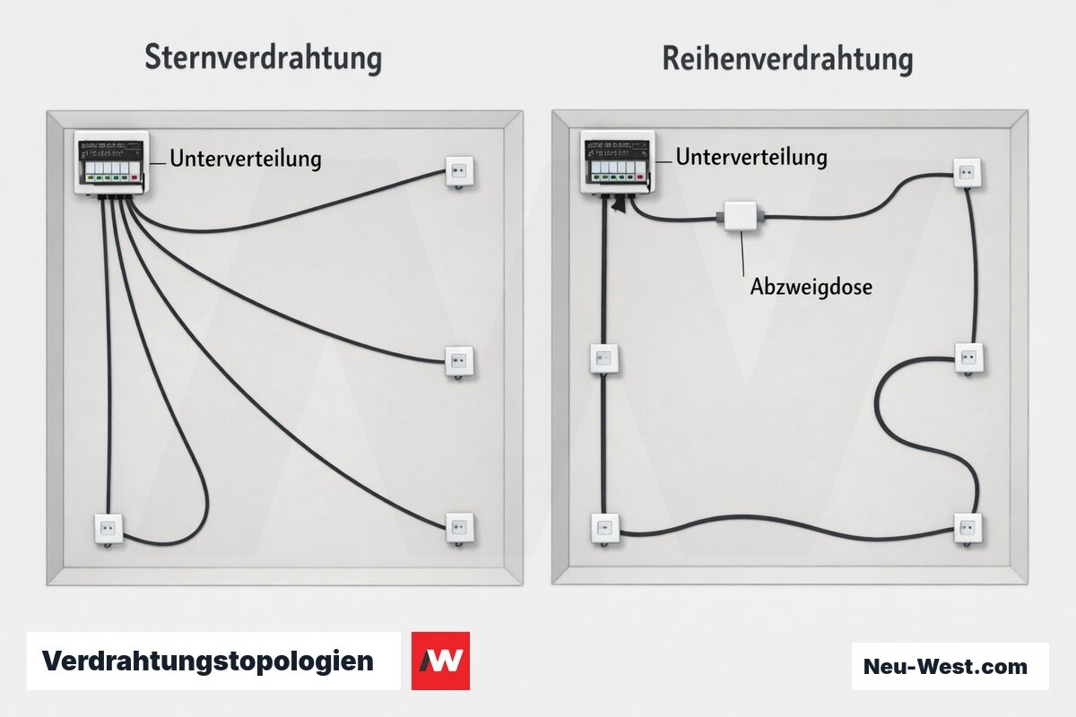 Verdrahtungstopologien: Sternverdrahtung vs. Reihenschaltung – Erklär-Grafik (NEUWEST Berlin)