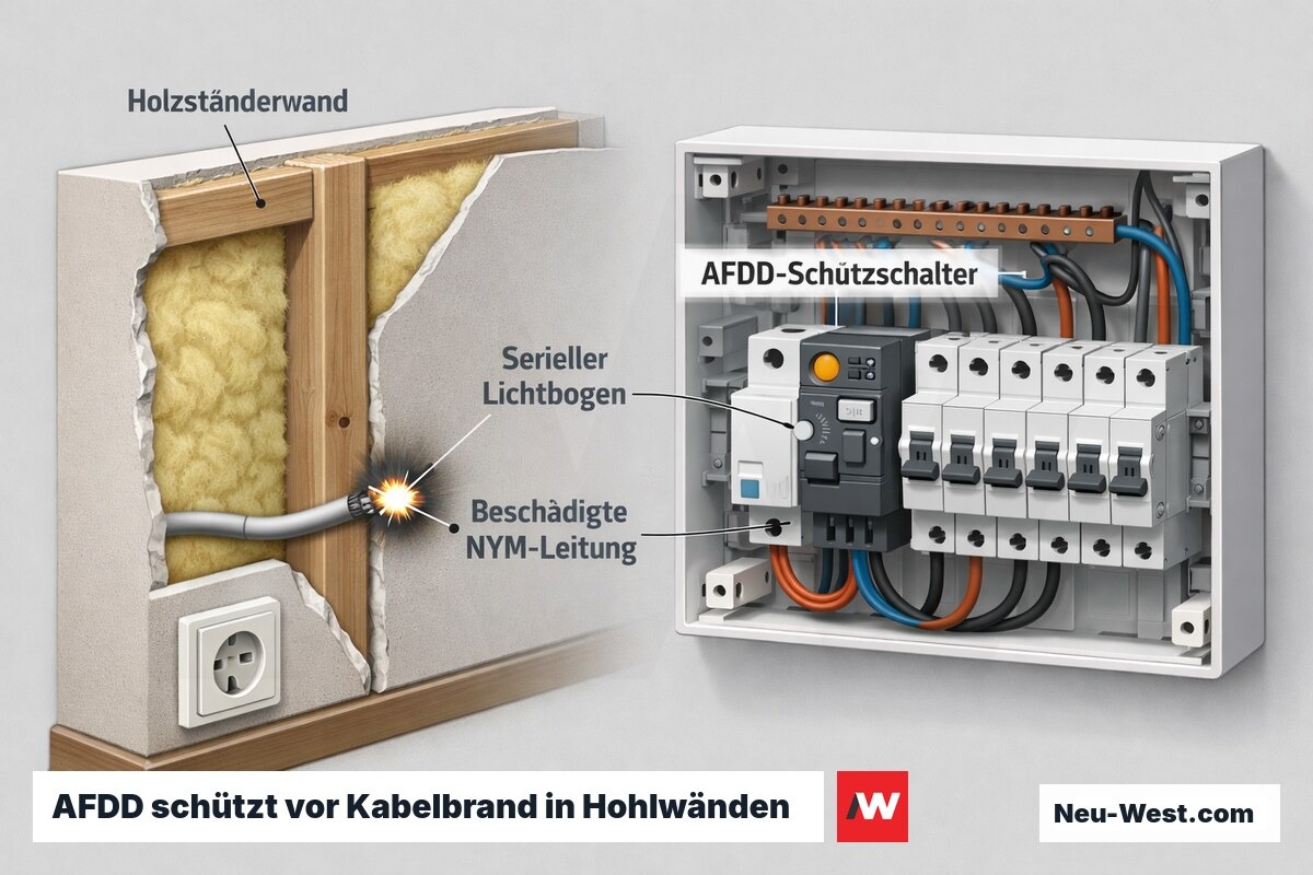 Querschnitt: AFDD-Schutzschalter im Verteiler und Lichtbogen an beschädigter Leitung in einer Holzständerwand mit Steckdose.
