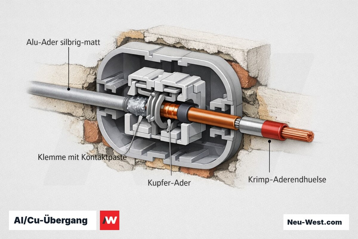 Cutaway einer Abzweigdose mit Al/Cu-Übergang: silbrige Alu-Ader und Kupfer-Ader in Klemme mit Oxidschutzpaste sowie Krimpverbindung.