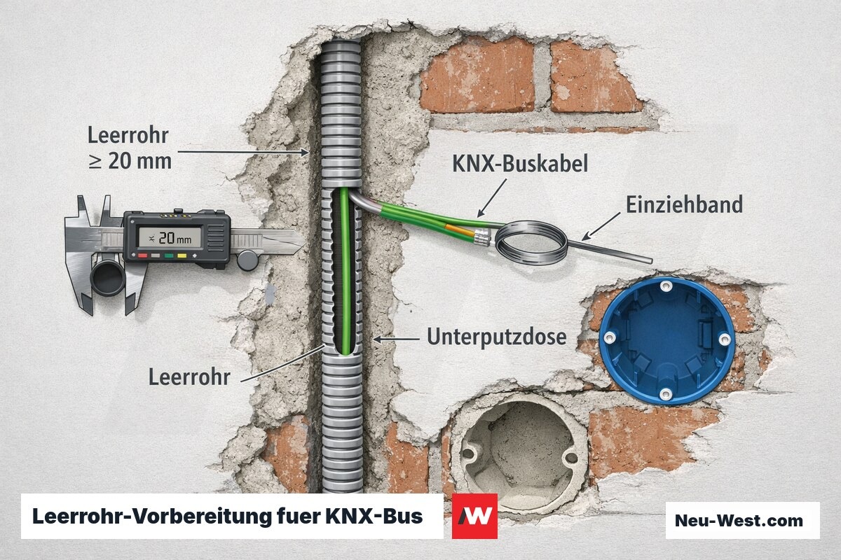 Wandquerschnitt der Rohinstallation: Leerrohr mit mindestens 20 mm Innendurchmesser, eingezogenes KNX-Buskabel, Einziehband und Unterputzdose.