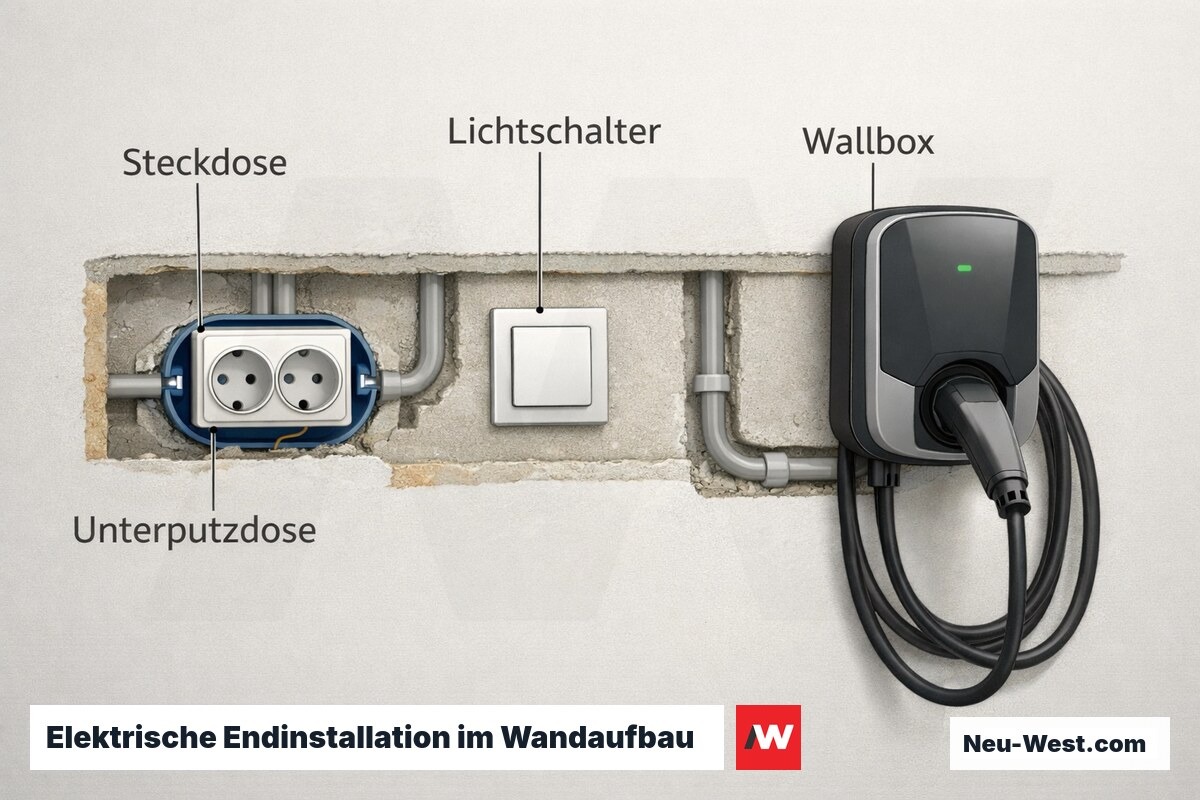 Wandquerschnitt mit Steckdose, Lichtschalter, Wallbox und Unterputzdose als elektrische Endinstallationspunkte im Wohn- und Gewerbebau.