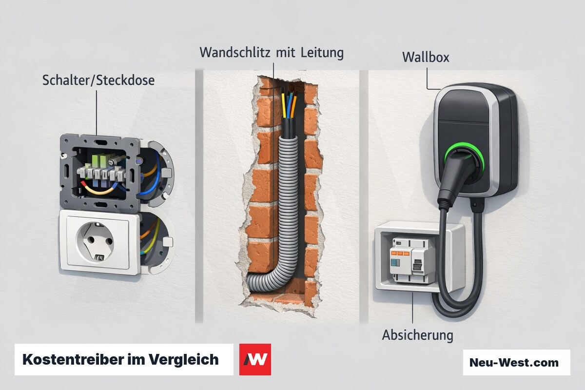 Wand-Querschnitt mit drei Elektro-Maßnahmen: Steckdosentausch, Wandschlitz mit neuer Leitung und Wallbox mit Absicherung.