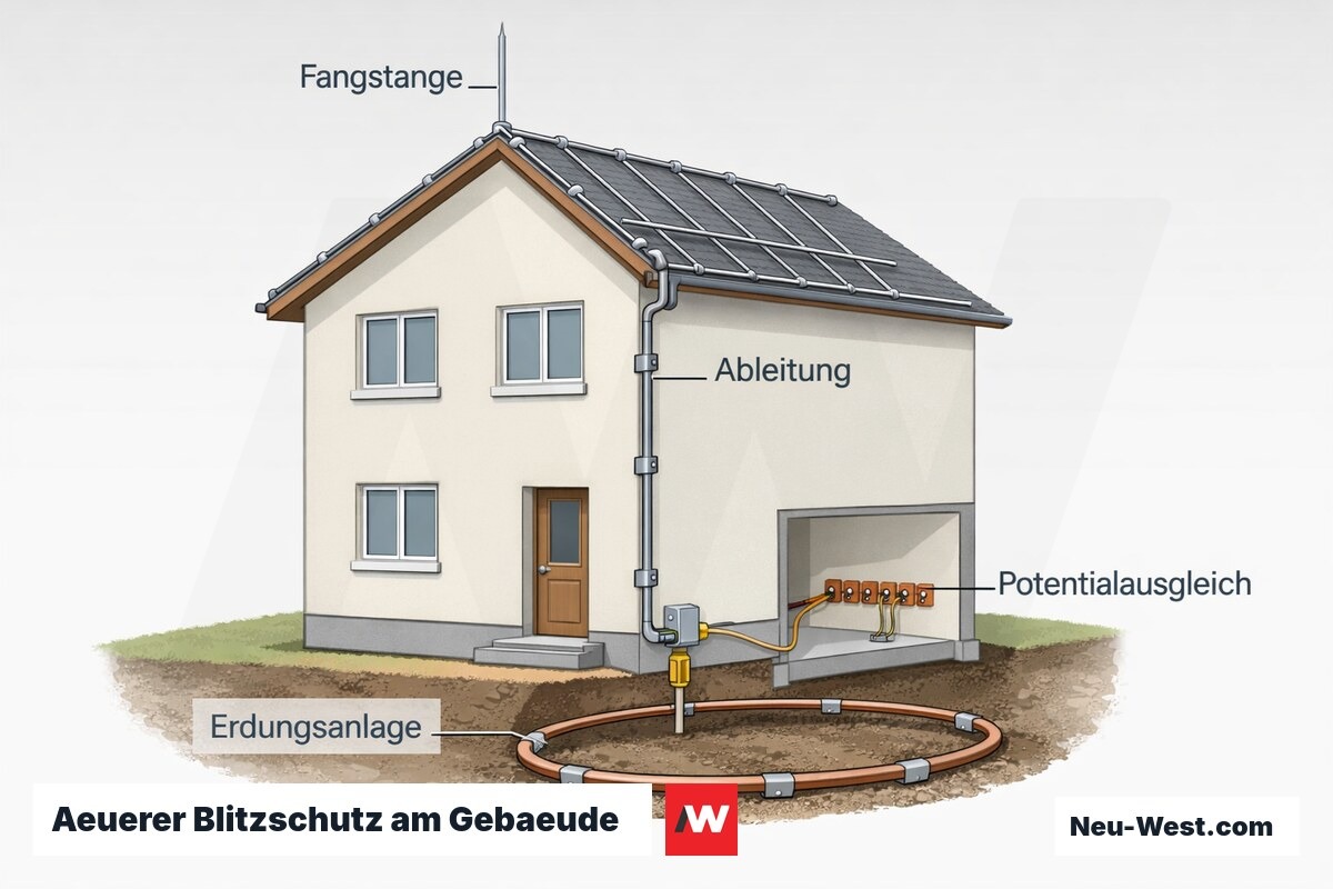 Schemazeichnung eines Gebaeudes mit Blitzschutz: Fangstange auf dem Dach, Ableitung an der Fassade, Erdungsanlage im Boden und Potentialausgleich im Keller.