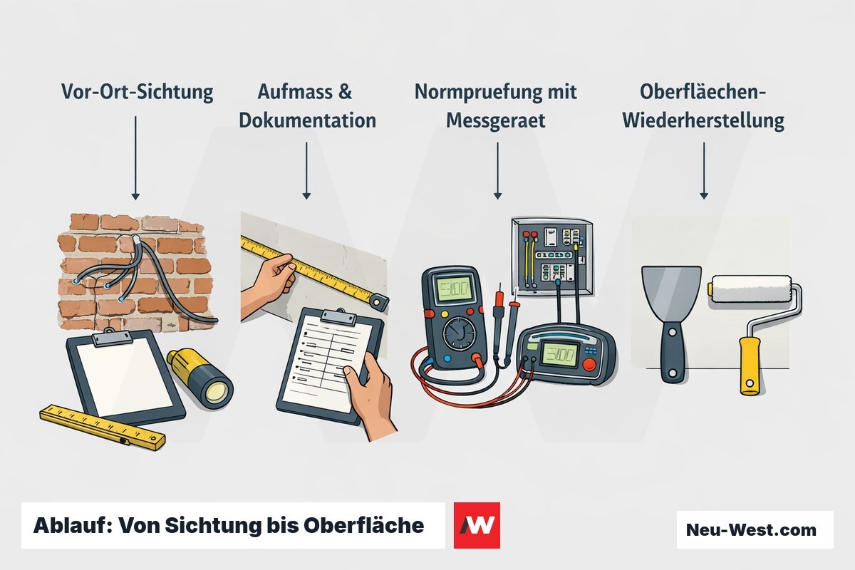 Vierstufige Ablaufgrafik: Vor-Ort-Sichtung, Aufmaß und Dokumentation, Normprüfung mit Messgerät und saubere Wiederherstellung der Wandoberfläche.