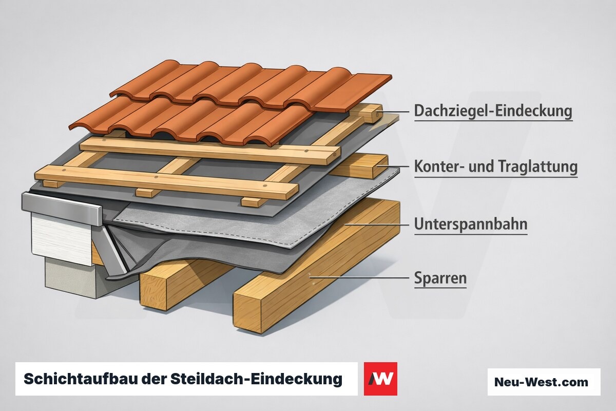 Querschnitt einer Steildach-Eindeckung mit Sparren, Unterspannbahn, Konter- und Traglattung sowie Dachziegeln als wetterfeste Dachhaut.