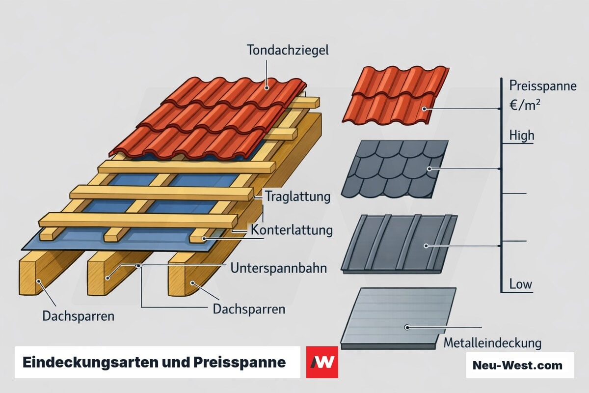 Querschnitt eines Steildachs mit Ziegel-, Schiefer- und Metalleindeckung sowie Preisskala pro Quadratmeter zur Kostenorientierung.