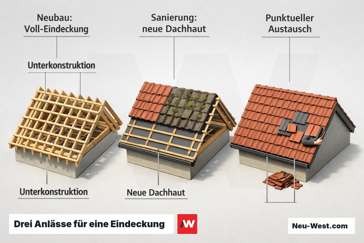 Vergleichsgrafik dreier Steildach-Szenarien: Neubau mit Voll-Eindeckung, Sanierung der Dachhaut und punktueller Austausch schadhafter Ziegel.