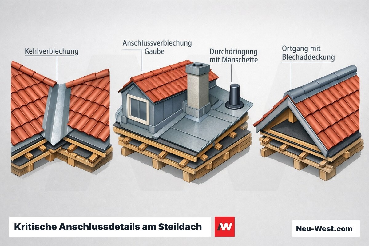 Isometrische Darstellung kritischer Dachdetails: Kehlverblechung, Gaubenanschluss, Durchdringung und Ortgang mit Blechabdeckung über Lattung und Unterdeckung.