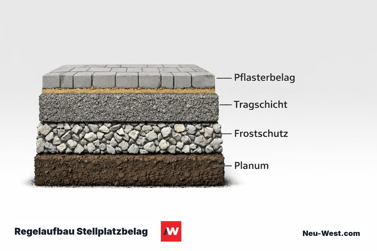 Regelaufbau Stellplatzbelag: Schichtfolge nach RStO – Erklär-Grafik (NEUWEST Berlin)