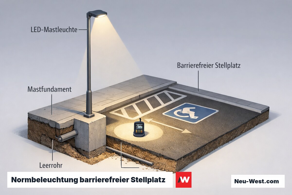 Cutaway eines barrierefreien Pkw-Stellplatzes mit LED-Mastleuchte, Lichtkegel (5 Lux), Mastfundament, Leerrohr und flach abgesenktem Bordstein.