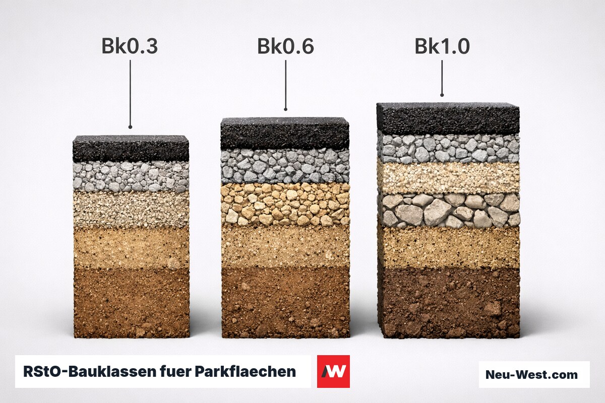 RStO-Bauklassen fuer Parkflaechen: Bk0.3 / Bk0.6 / Bk1.0 im Schichtdicken-Vergleich – Erklär-Grafik (NEUWEST Berlin)