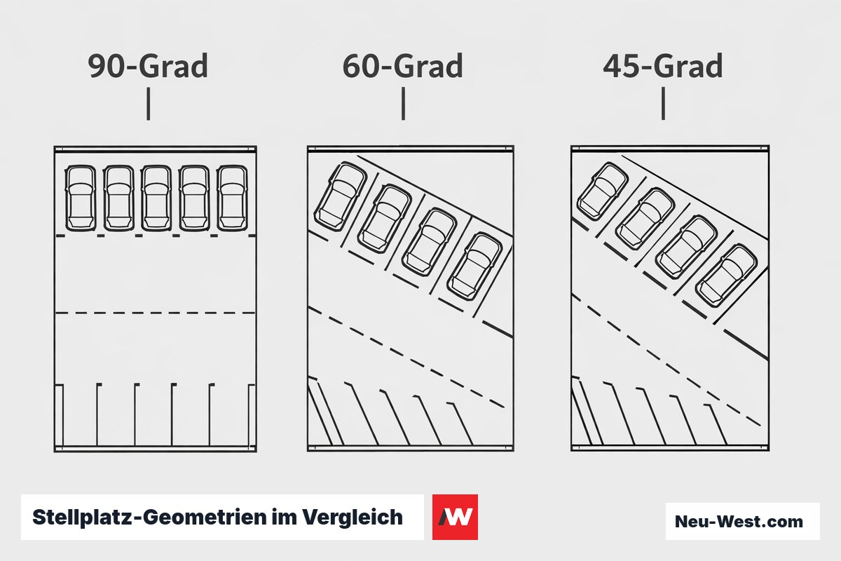 Stellplatz-Geometrien im Vergleich: 90°, 60°, 45° Aufstellwinkel – Erklär-Grafik (NEUWEST Berlin)