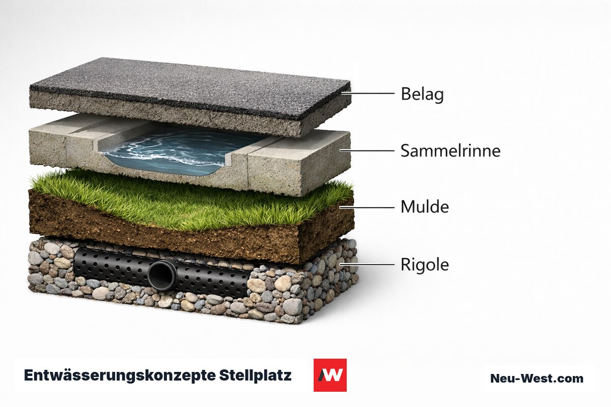 Entwässerungskonzepte Stellplatz: Gefälle, Sammelrinne, Versickerung – Erklär-Grafik (NEUWEST Berlin)