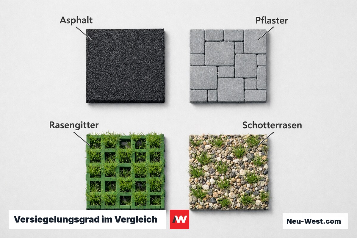 Versiegelungsgrad im Vergleich: Belagstypen und Niederschlagswassergebühr – Erklär-Grafik (NEUWEST Berlin)