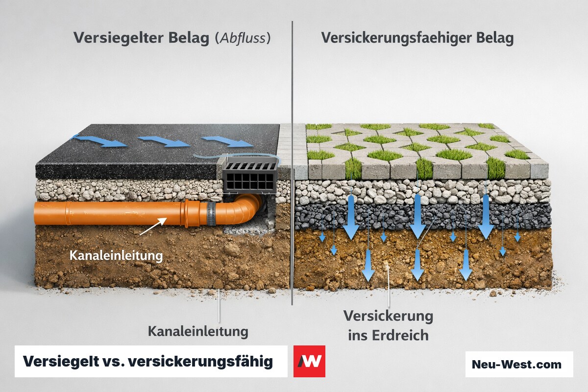 Querschnitt-Vergleich: versiegelter Stellplatzbelag mit Abfluss in die Kanalisation gegenüber versickerungsfähigem Belag mit Versickerung ins Erdreich.