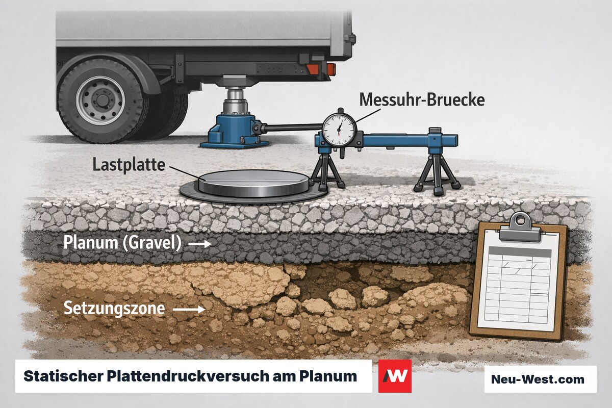Querschnitt eines Plattendruckversuchs am Planum: Lastplatte, Messuhr und Verdichtungsschichten zur Ev2-Abnahme von Pkw-Stellplätzen.