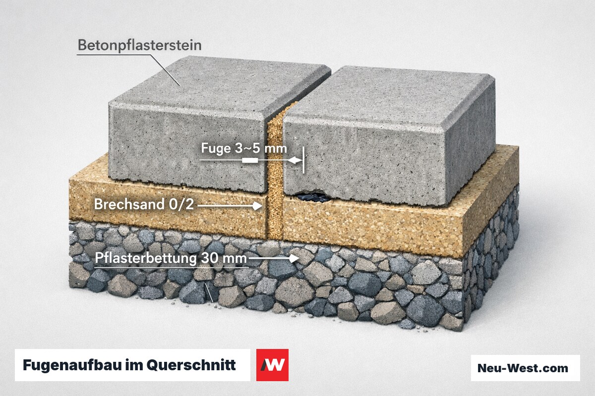 Querschnitt zweier Betonpflastersteine mit Brechsand-Fuge, Bettungsschicht und Tragschicht; Bemaßung der Fugenbreite von 3–5 Millimetern.