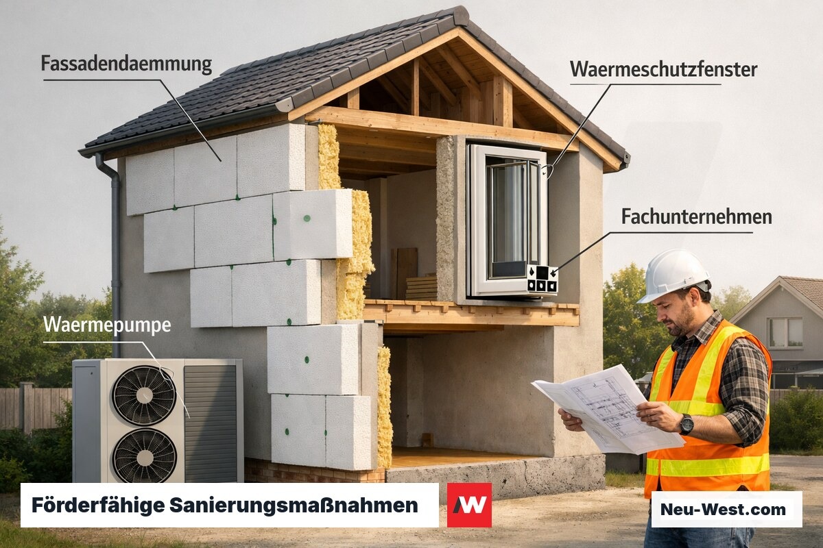 Querschnitt eines Einfamilienhauses mit Fassadendämmung, Wärmepumpe und neuen Fenstern während energetischer Sanierung