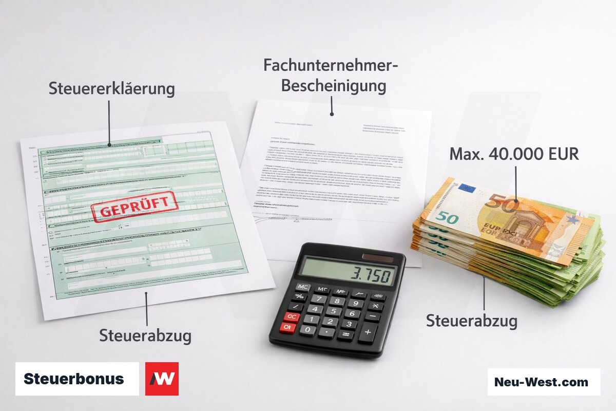 Steuererklärung, Fachunternehmer-Bescheinigung und Euronoten symbolisieren den direkten Steuerabzug nach § 35c EStG