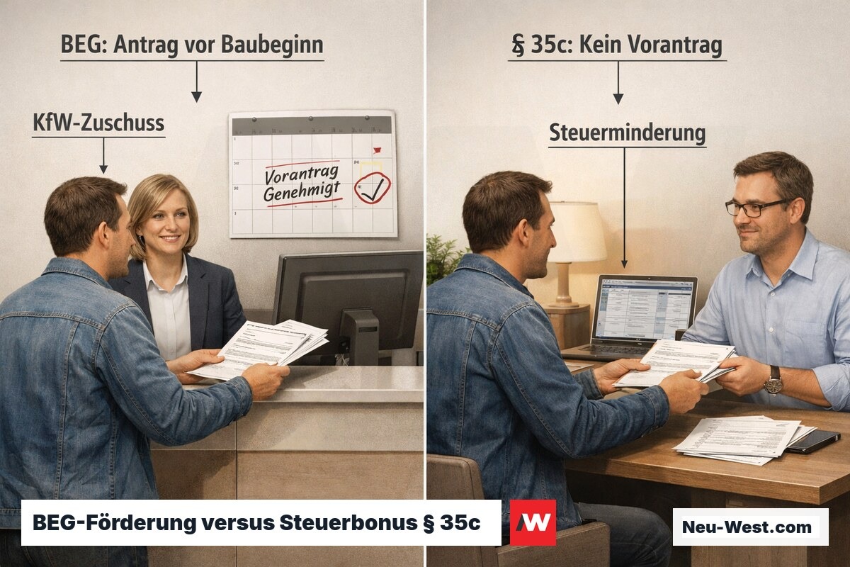 Vergleich beider Förderwege: KfW BEG mit Vorantrag links, steuerliche Geltendmachung nach § 35c EStG rechts