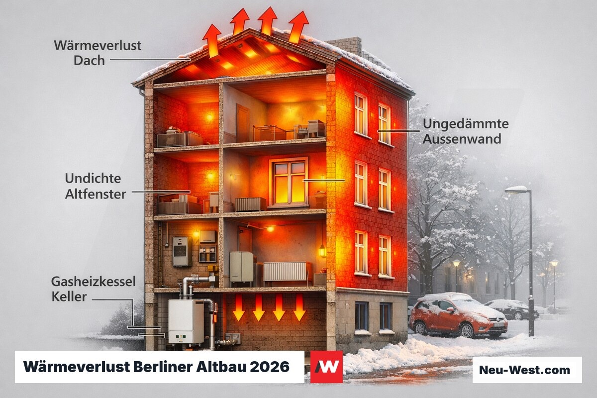 Schnittzeichnung eines Berliner Altbaus zeigt Wärmeverlust durch Dach, Wände und Fenster mit Wärmebildüberlagerung und Gasheizkessel im Keller.