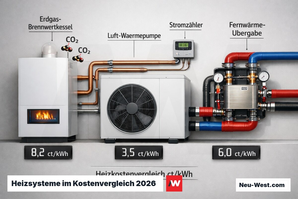 Drei Heizsysteme nebeneinander: Gasbrennwertkessel, Luft-Wärmepumpe und Fernwärmeanschluss mit digitalen Kostendisplays im Heizraum.