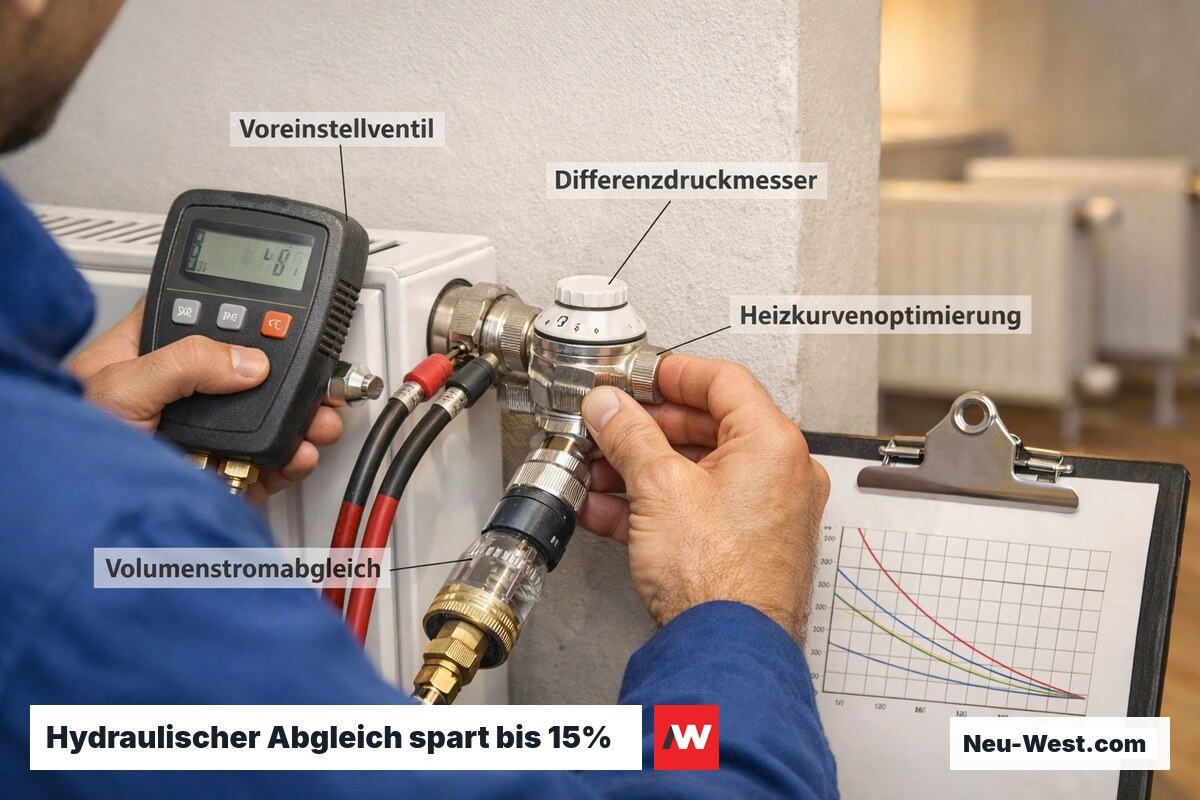 Heizungstechniker führt hydraulischen Abgleich am Heizkörperventil durch und misst Differenzdruck mit digitalem Messgerät.