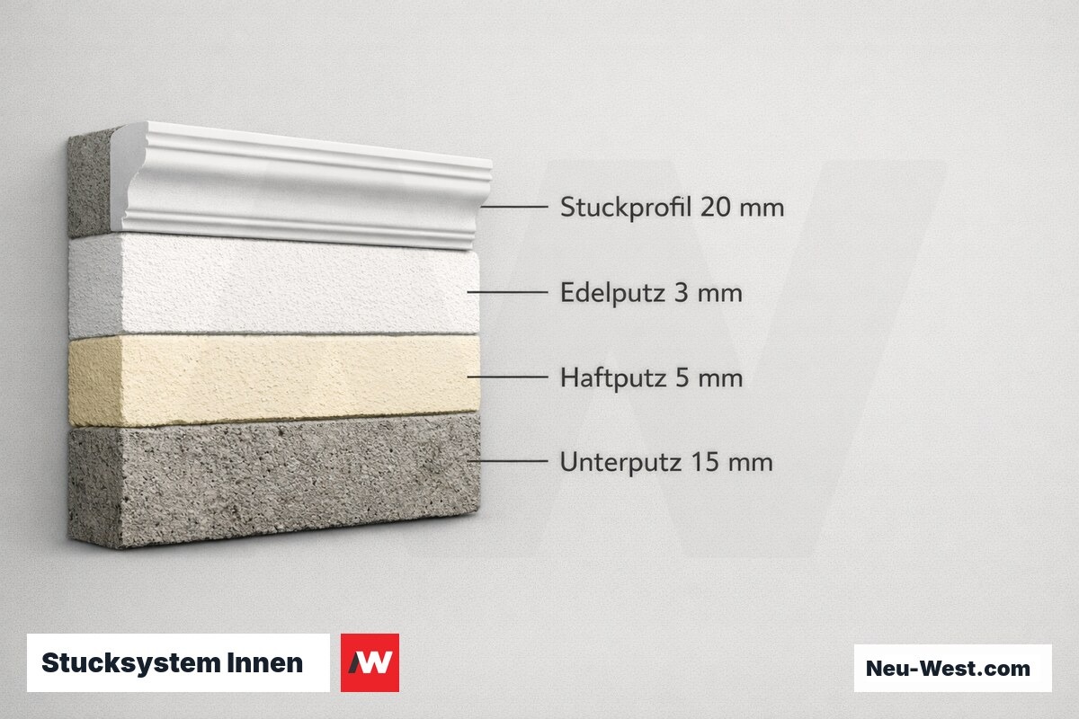 Stucksystem Innen: Schichtaufbau mit Mindestdicken – Erklär-Grafik (NEUWEST Berlin)
