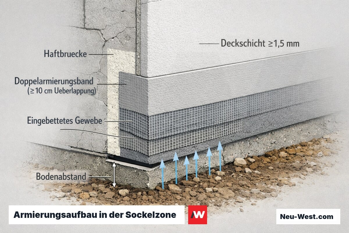 Querschnitt der Sockelzone mit Haftbrücke, doppellagigem Armierungsgewebe mit Überlappung und Deckschicht zur Rissüberbrückung über GOK.