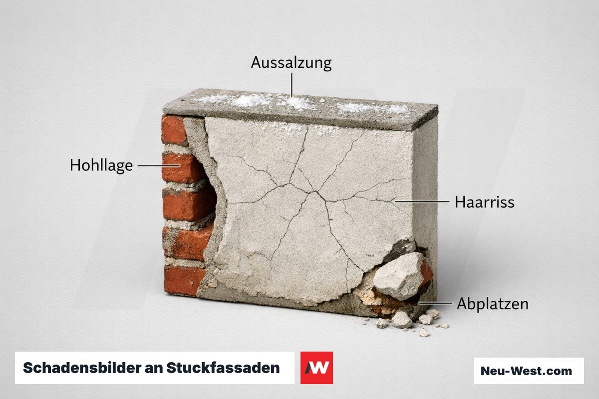 Schadensbilder an Stuckfassaden: Erscheinungsbild und Lage im Schichtaufbau – Erklär-Grafik (NEUWEST Berlin)
