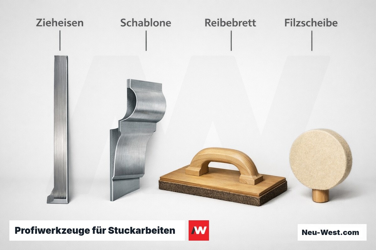 Profiwerkzeuge für Stuckarbeiten: Funktion und Einsatzbereich – Erklär-Grafik (NEUWEST Berlin)