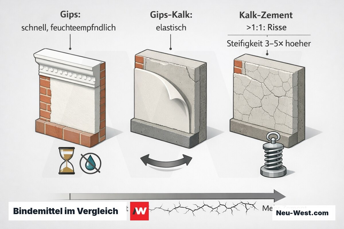Vergleichsgrafik dreier Putz-Bindemittel: Gips schnell und feuchteempfindlich, Gips-Kalk elastisch, Kalk-Zement über 1:1 mit Schwindrissen durch höhere Steifigkeit.