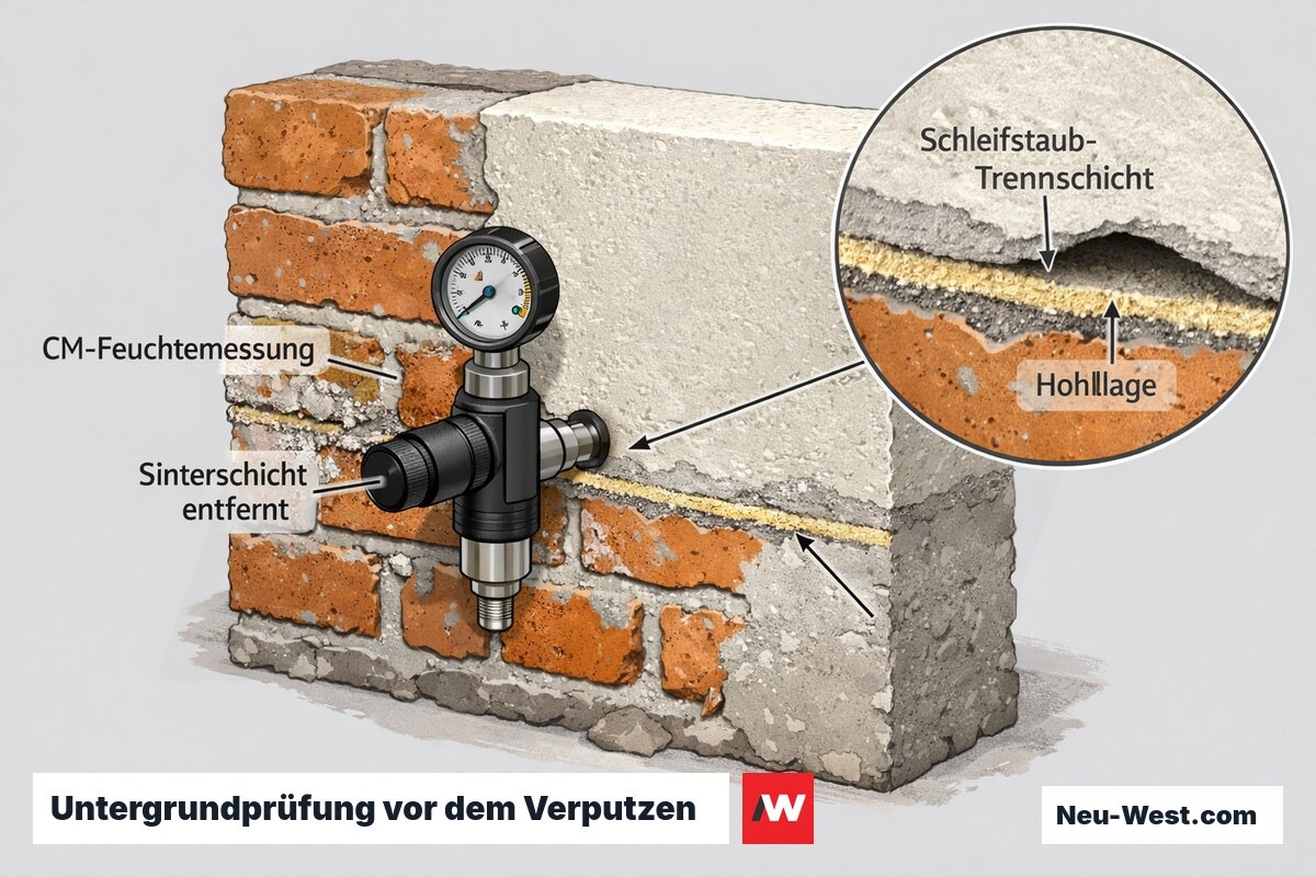 Querschnitt einer Wand: CM-Feuchtemessung, entfernte Sinterschicht und Schleifstaub als Trennschicht, die zu Hohllagen unter dem Neuputz führt.