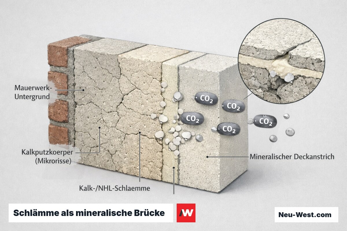Querschnitt einer Kalkputzfassade: Untergrund, Kalkputz mit Mikrorissen, Kalk-/NHL-Schlämme als Brücke und mineralischer Deckanstrich, mit CO₂-Diffusion.