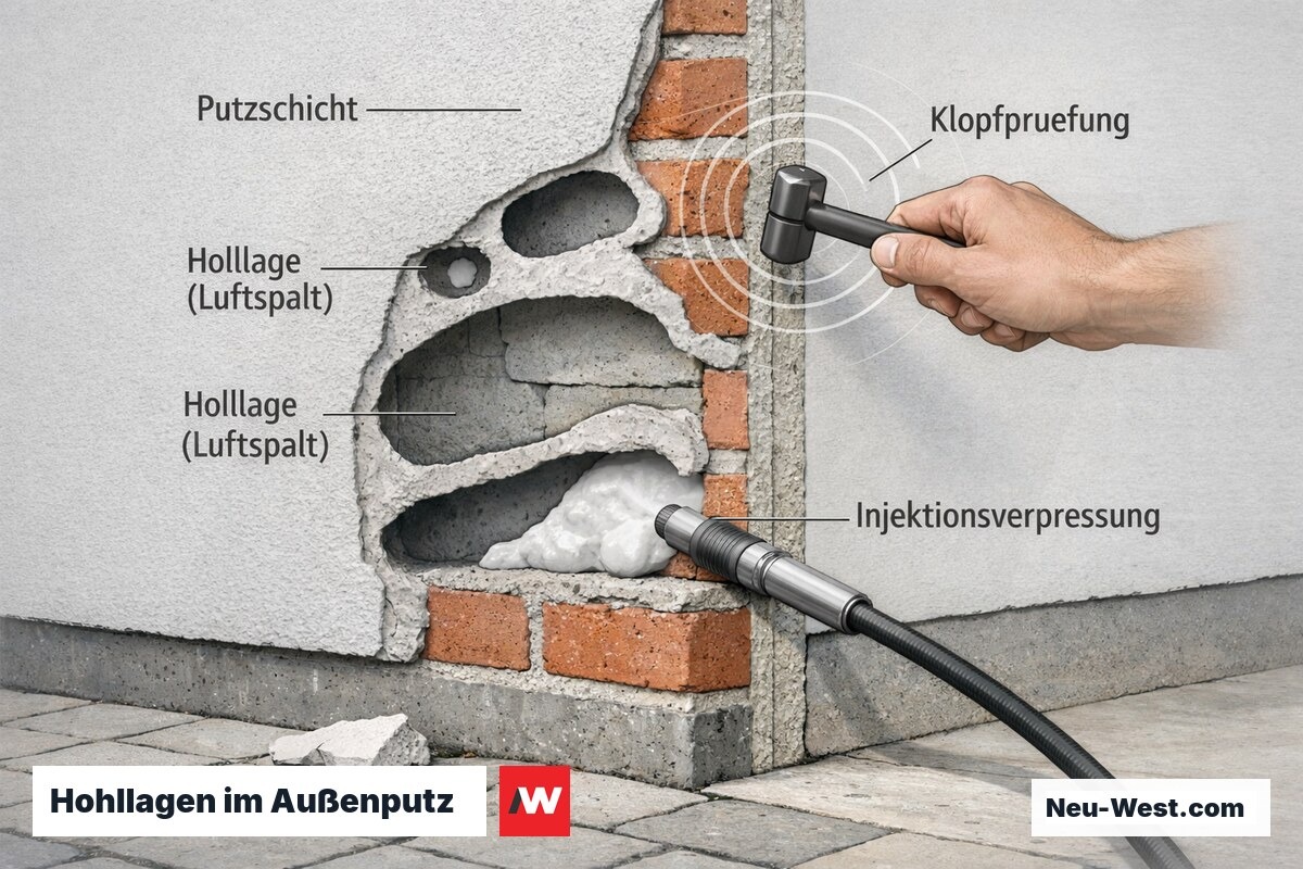Querschnitt einer Putzfassade mit abgelösten Hohllagen, Klopfprüfung mit Hammer und Injektionsverpressung über einer Gehwegfläche.