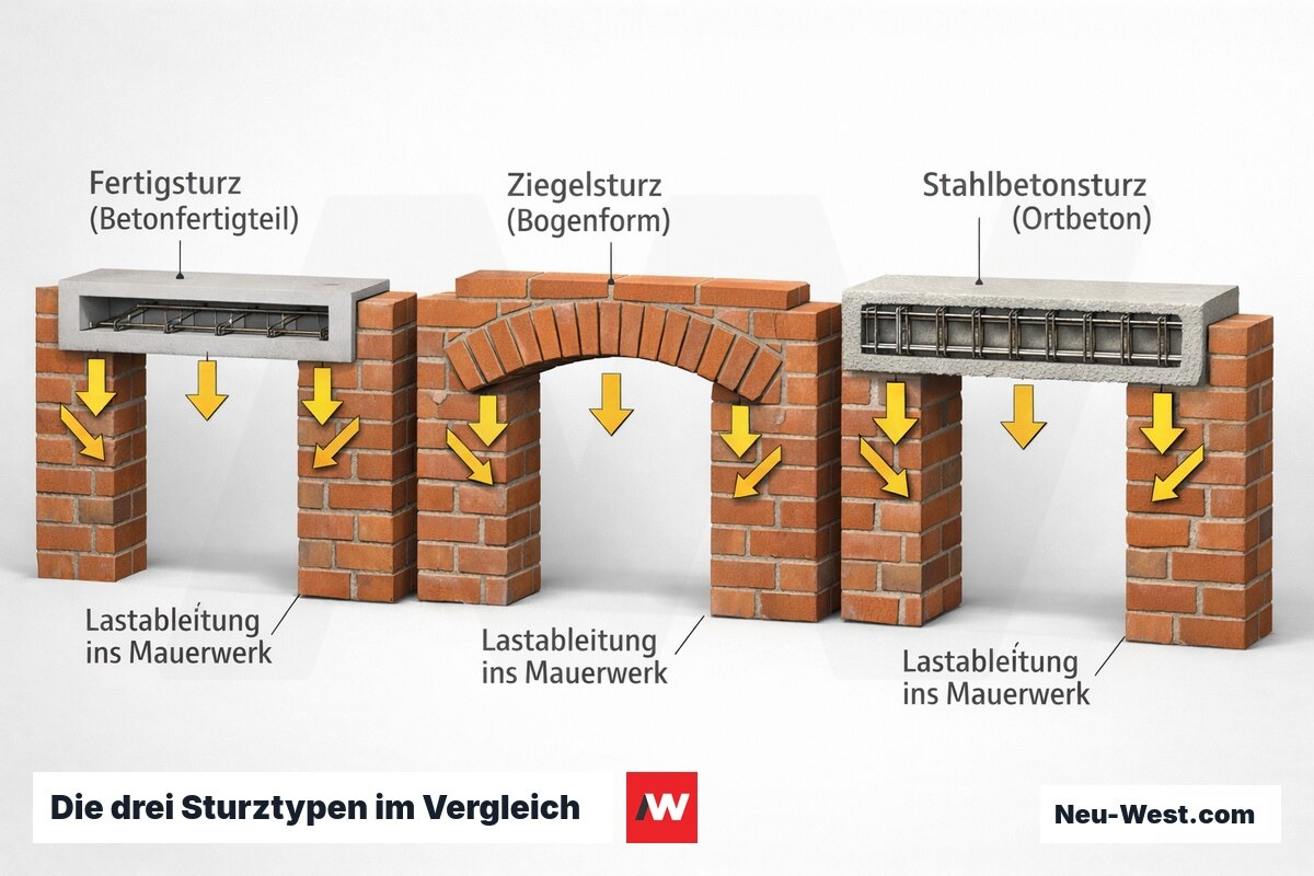 Querschnitt-Diagramm zeigt Fertigsturz, Ziegelsturz und Stahlbetonsturz nebeneinander in Mauerwerk mit Lastpfeilen, max. 150 Zeichen