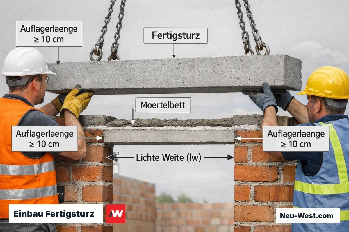 Zwei Bauarbeiter setzen Fertigsturz über Fensteröffnung in Ziegelmauerwerk; Auflagerlänge und lichte Weite gut erkennbar