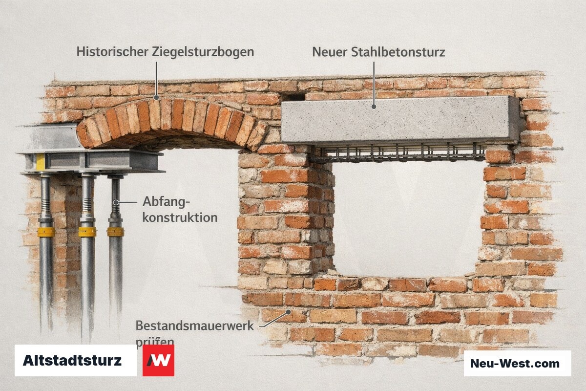 Querschnitt Berliner Altbau zeigt historischen Ziegelsturzbogen neben neu eingebautem Stahlbetonsturz mit Abfangung