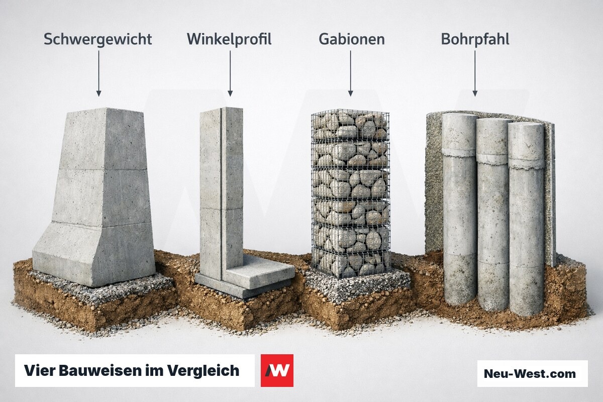 Vier Bauweisen im Vergleich: Schwergewicht, Winkel, Gabione, Bohrpfahl – Erklär-Grafik (NEUWEST Berlin)