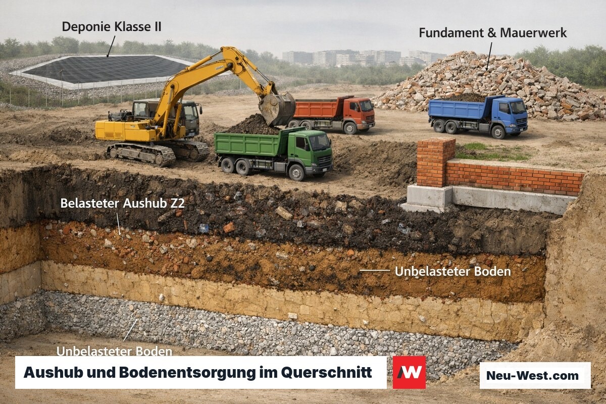 Querschnitt einer Baugrube mit belasteten und unbelasteten Bodenschichten, Bagger und Abtransport zur Deponie Klasse II neben Fundament und Mauerwerk.