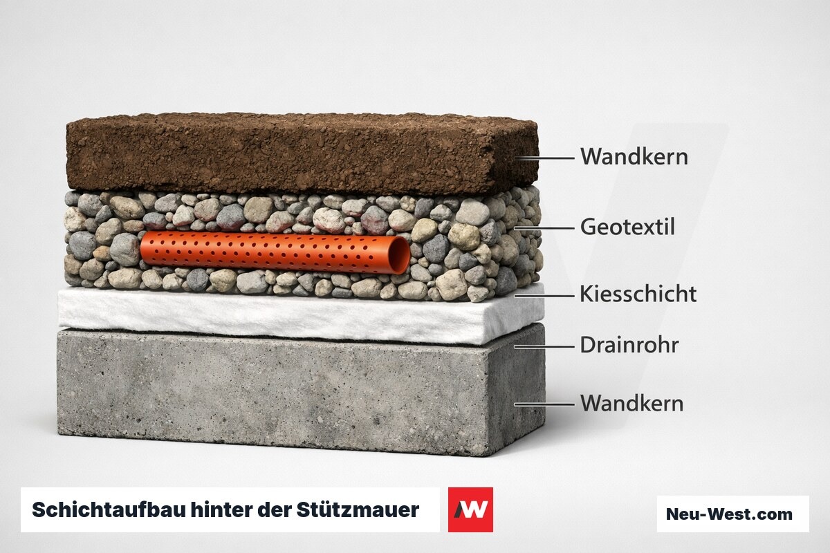 Schichtaufbau hinter der Stützmauer: Drainage und Trennvlies – Erklär-Grafik (NEUWEST Berlin)