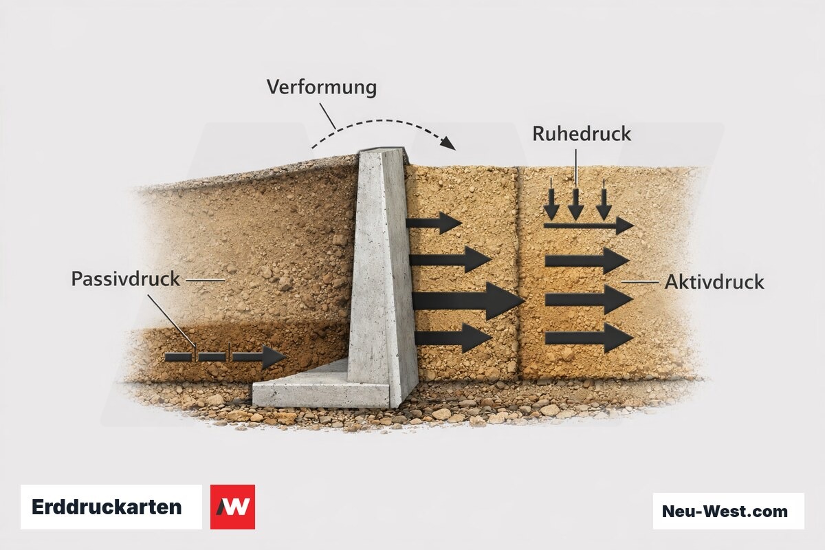 Erddruckarten: Ruhedruck K0, Aktivdruck Ka, Passivdruck Kp – Erklär-Grafik (NEUWEST Berlin)