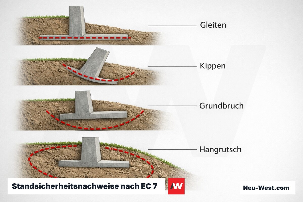 Standsicherheitsnachweise nach EC 7 / DIN EN 1997-1: vier Grenzzustände – Erklär-Grafik (NEUWEST Berlin)