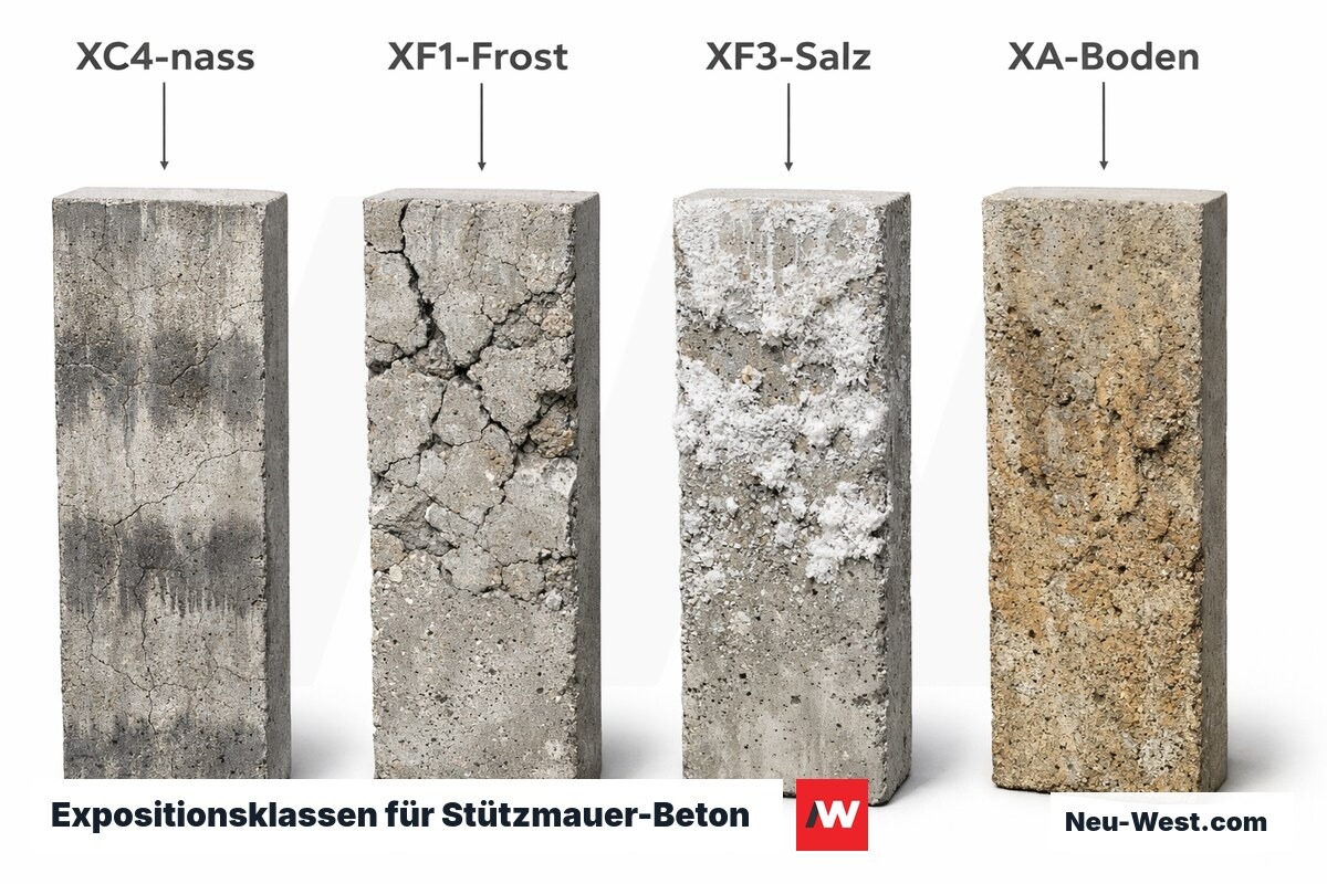 Expositionsklassen für Stützmauer-Beton: XC4, XF1, XF3, XA – Erklär-Grafik (NEUWEST Berlin)