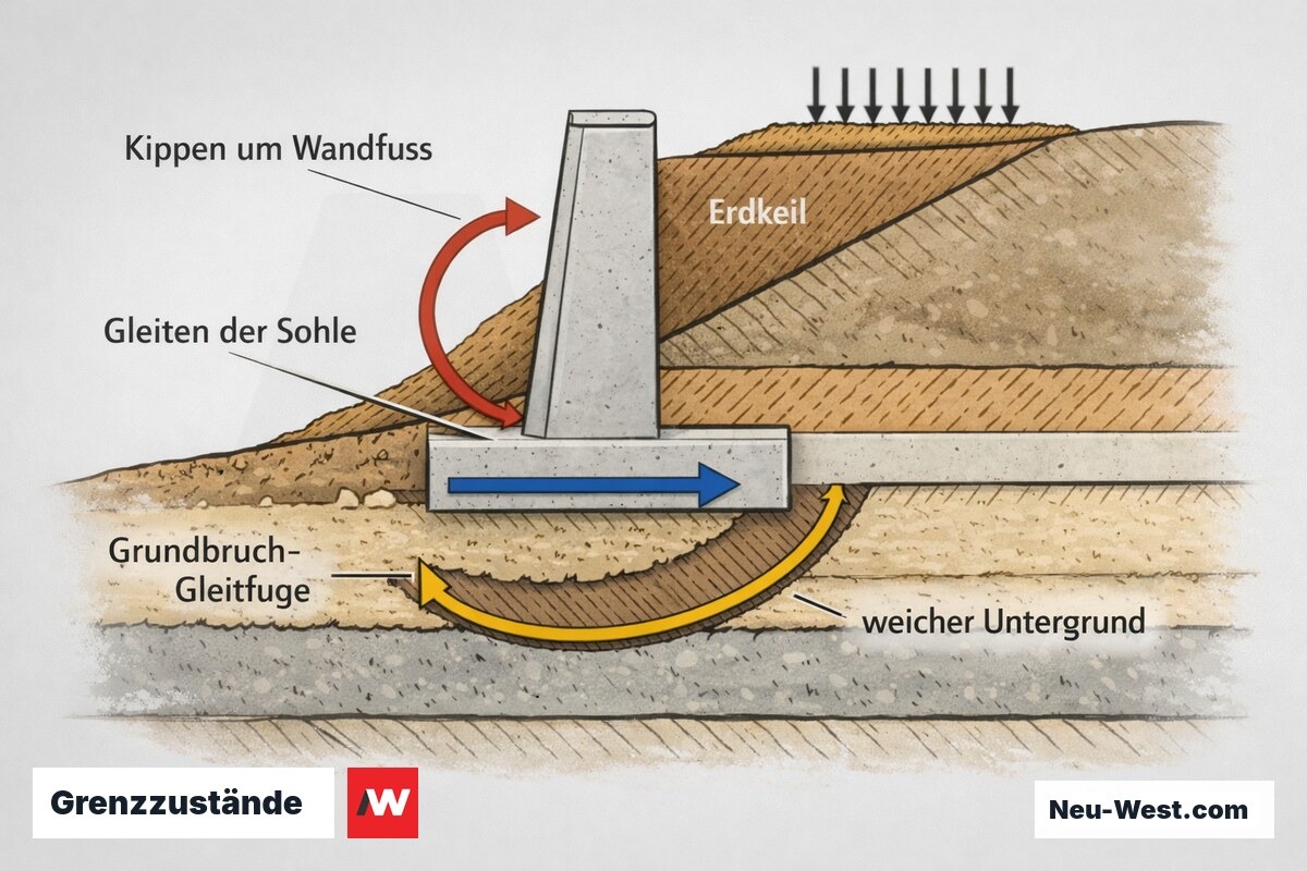 Querschnitt einer Stützwand am Hang mit Kräftepfeilen für Kippen, Gleiten und Grundbruch über weichem Untergrund mit Auflast