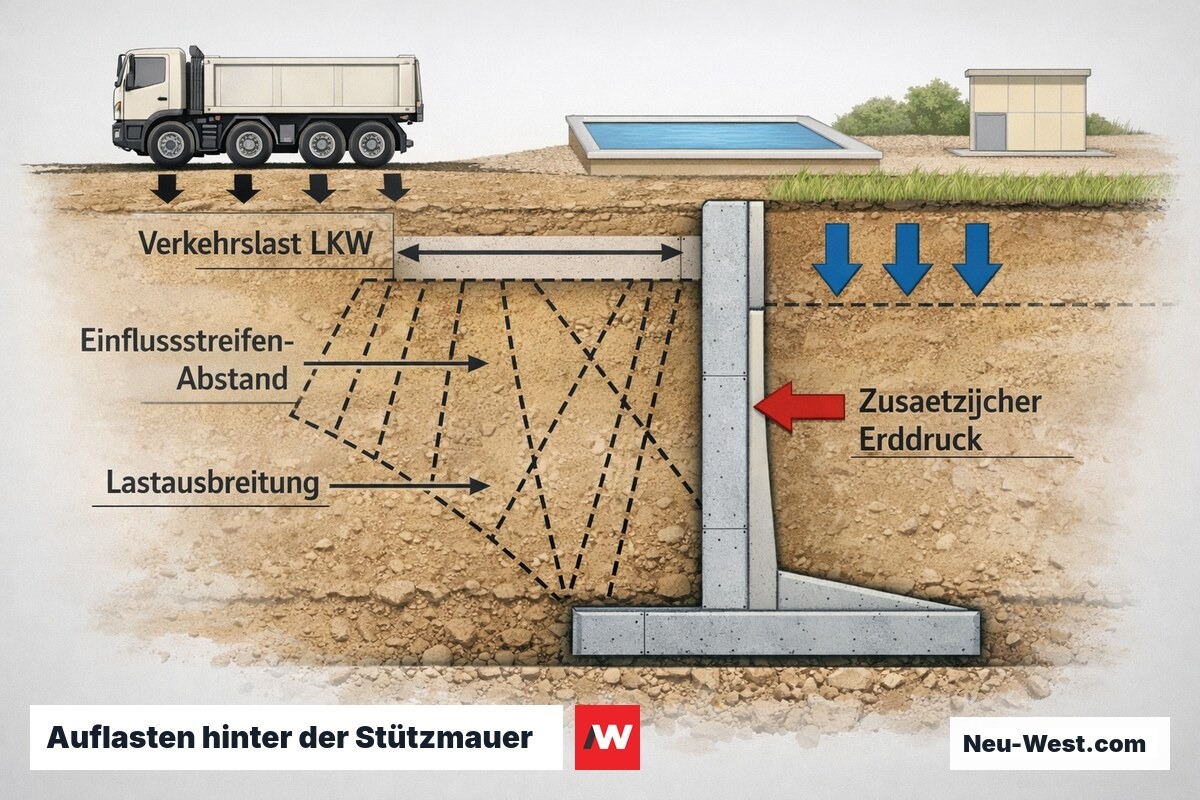 Querschnitt einer Stützmauer mit LKW, Pool und Anbau als Auflasten, Lastausbreitung und Einflussstreifen-Abstand zur Wandoberkante.