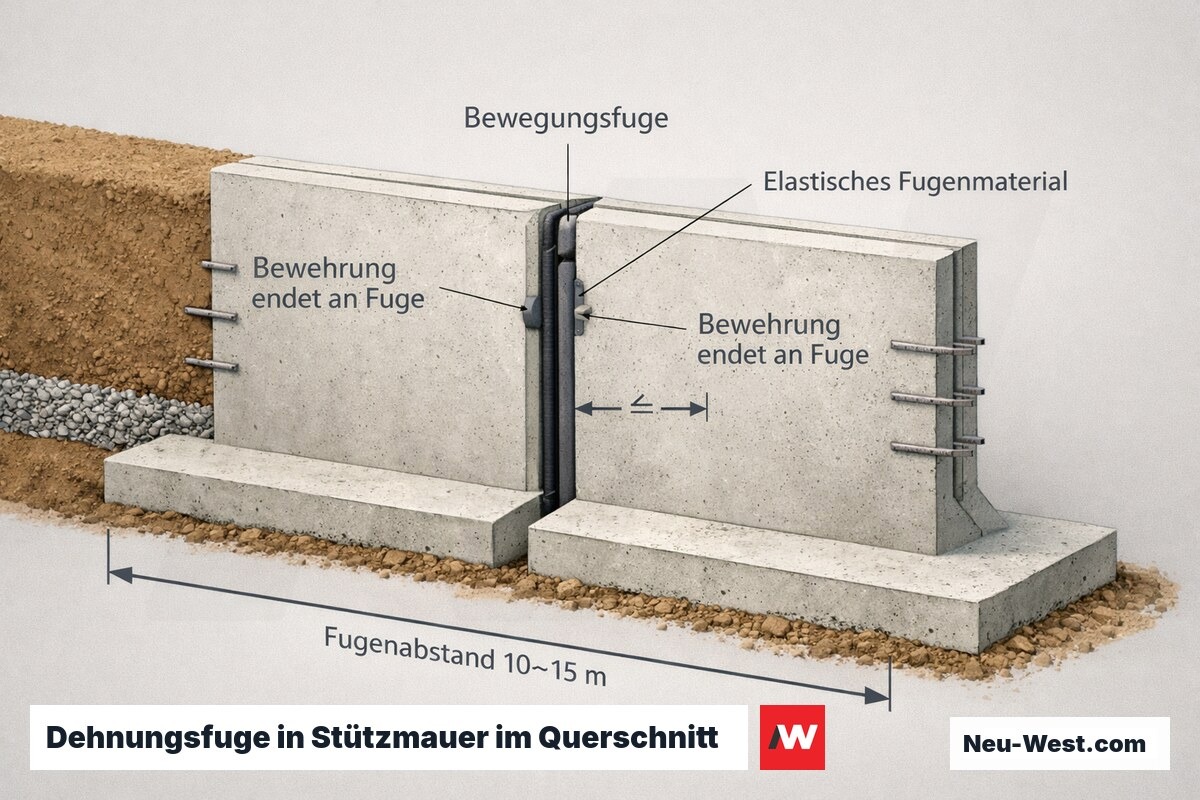 Querschnitt einer Stahlbeton-Stützmauer mit durchgehender Bewegungsfuge, elastischem Fugenmaterial, Bewehrung und Fugenabstand-Bemaßung.